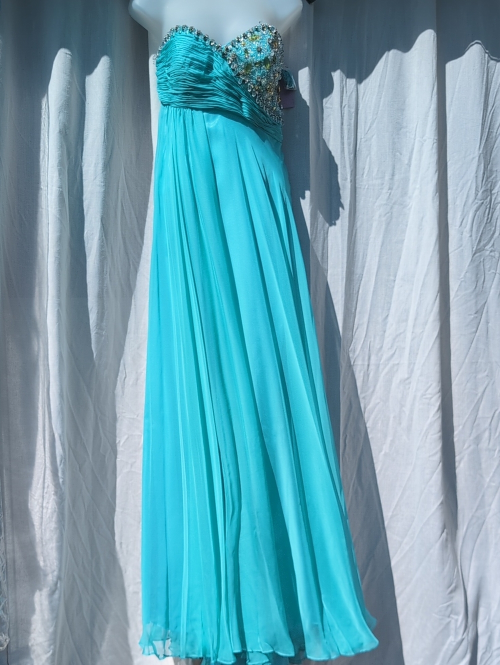 Morrell 13328 - Size 8 -Strapless Aqua Evening Gown with Embellished Bodice